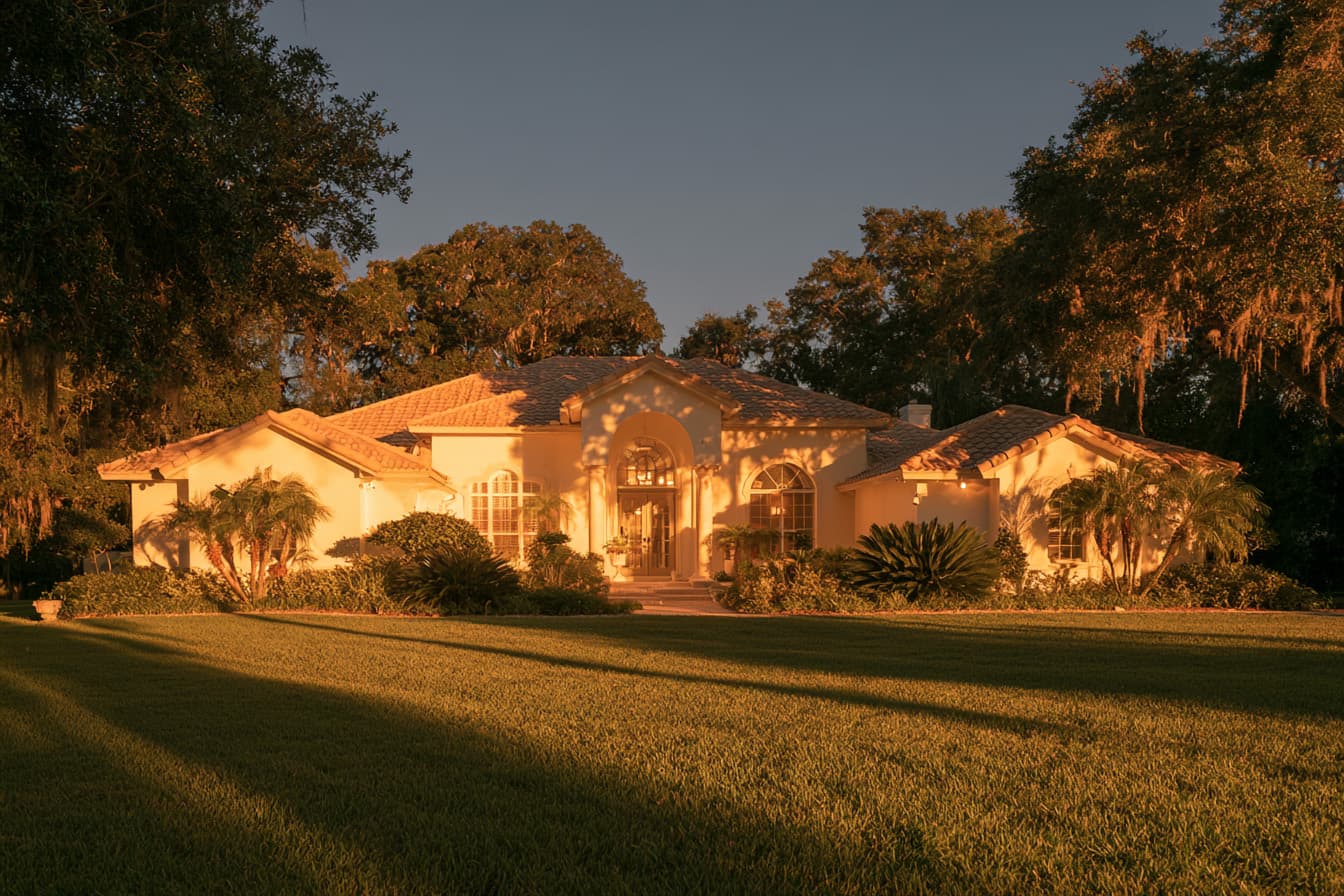 Florida home at golden hour with a wide lawn above the septic system