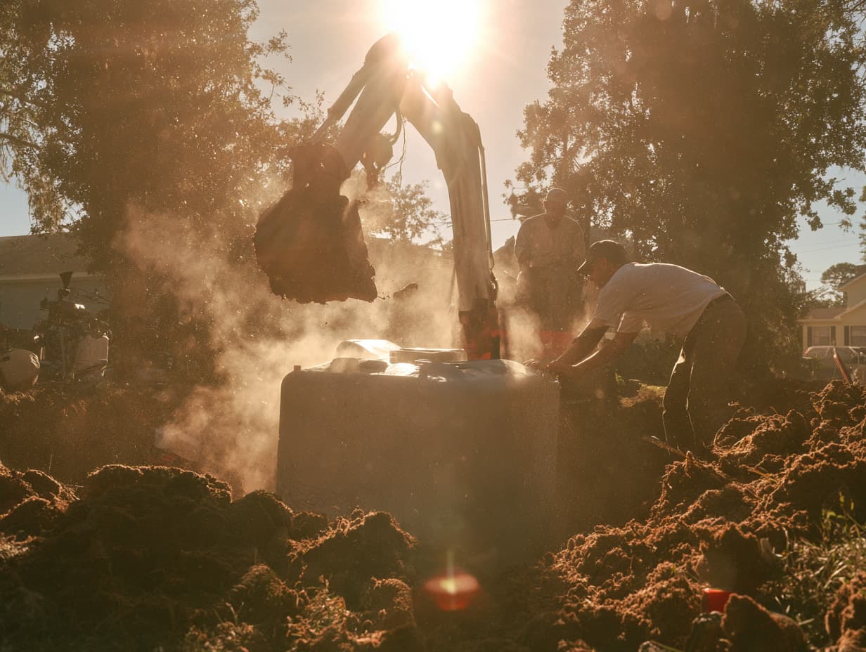 Crew setting a new septic tank with a mini excavator