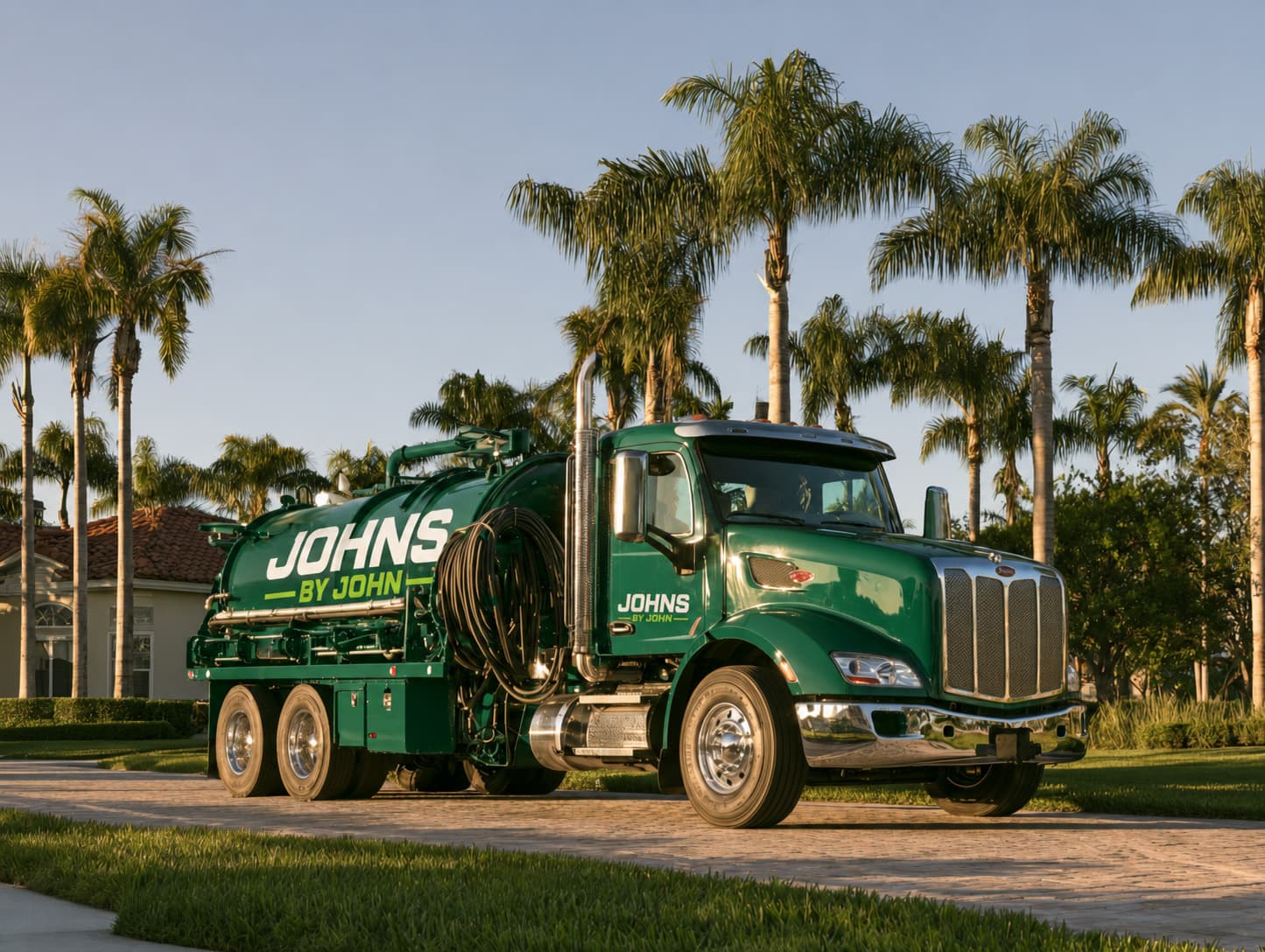 Green Johns By John vacuum truck parked in a Florida driveway